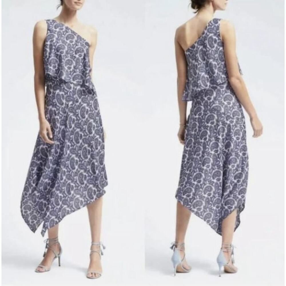 Banana Republic Women's One Shoulder Asymmetrical Hem Midi Dress Paisley Print 8